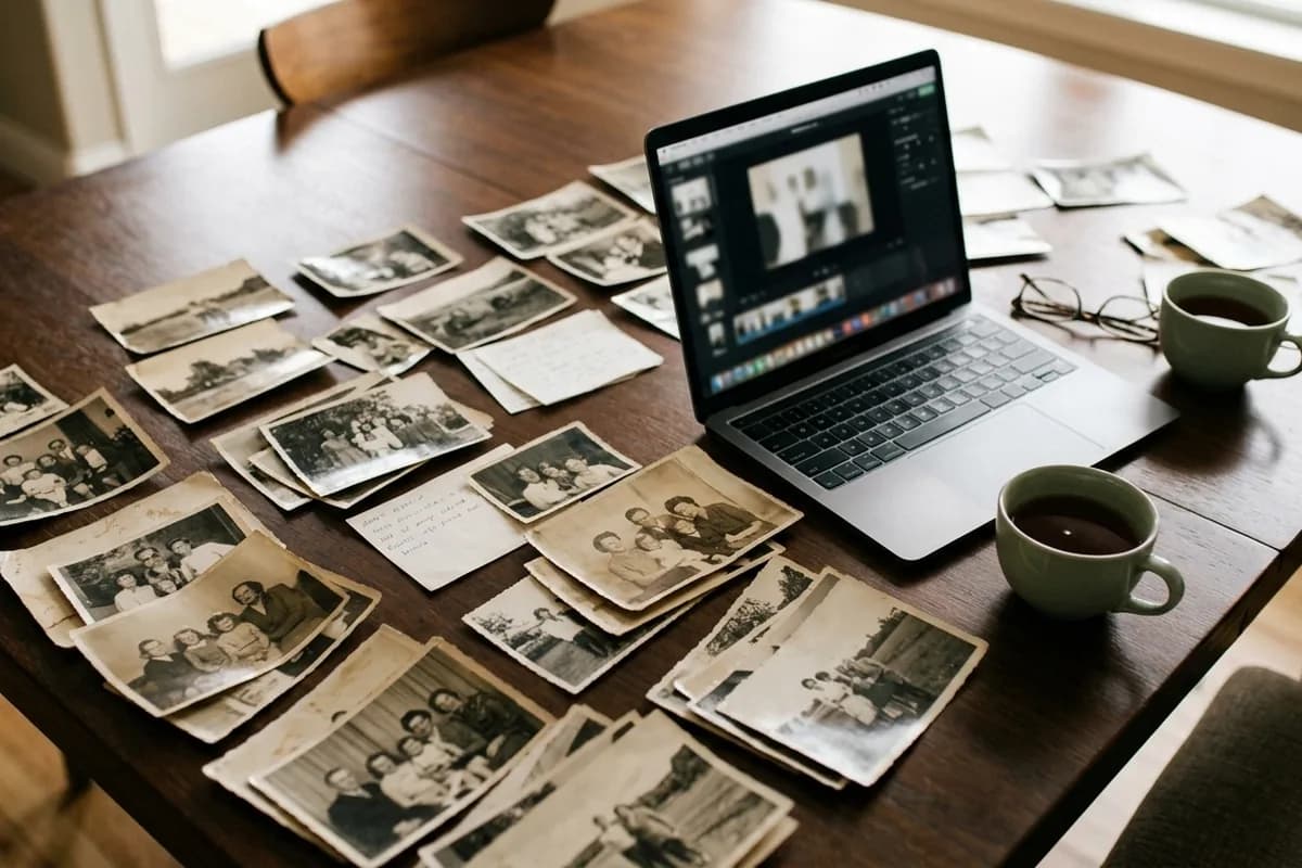 Old family photographs spread across a dining table beside a laptop and a cup of tea