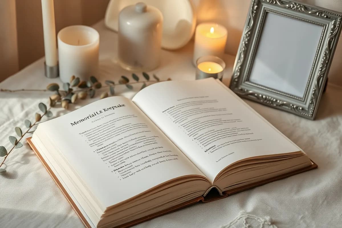 An open memorial keepsake book beside a lit candle, eucalyptus, and a silver picture frame