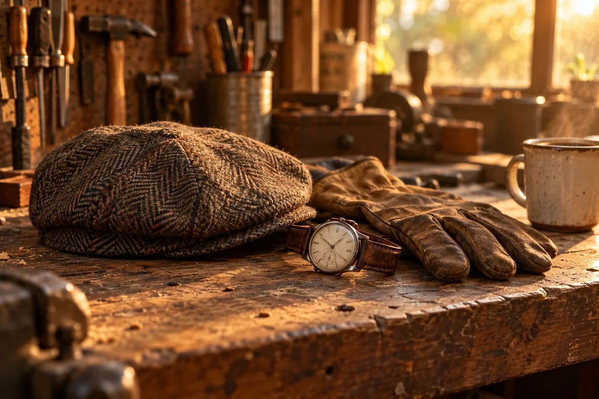 A well-worn flat cap, a wristwatch and a pair of work gloves resting on a wooden workbench in warm afternoon light