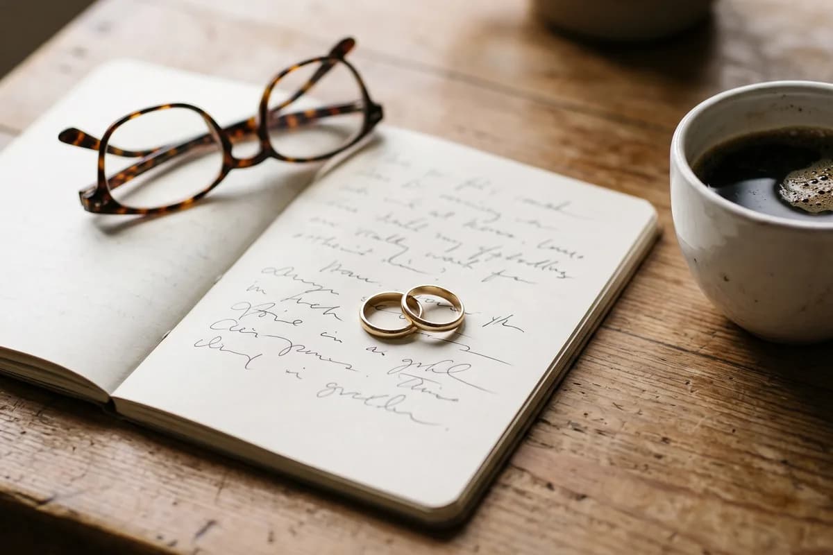 Two gold wedding bands resting on an open handwritten notebook beside a cup of coffee and a pair of reading glasses