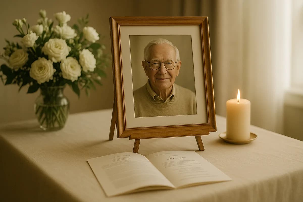 A memorial remembrance table with a framed portrait on an easel and an open funeral program