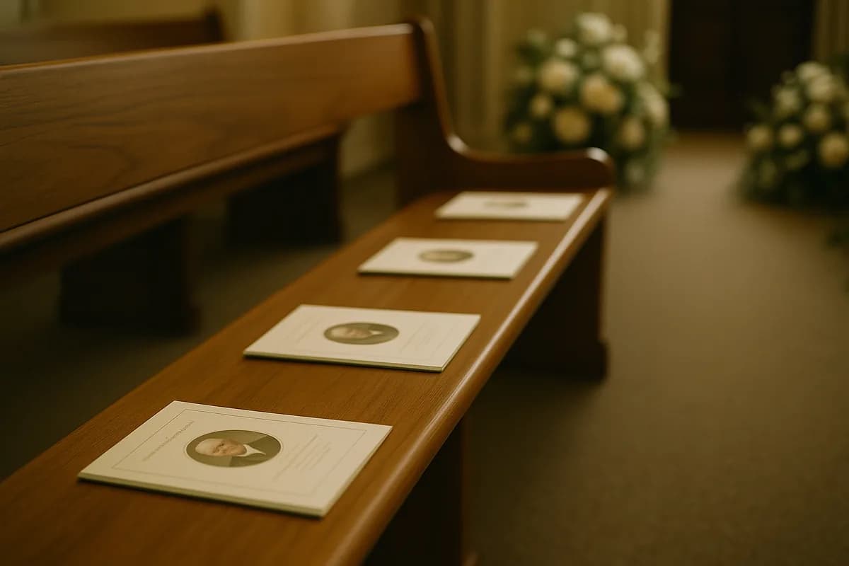Funeral order-of-service programs placed on chapel pews before a memorial service