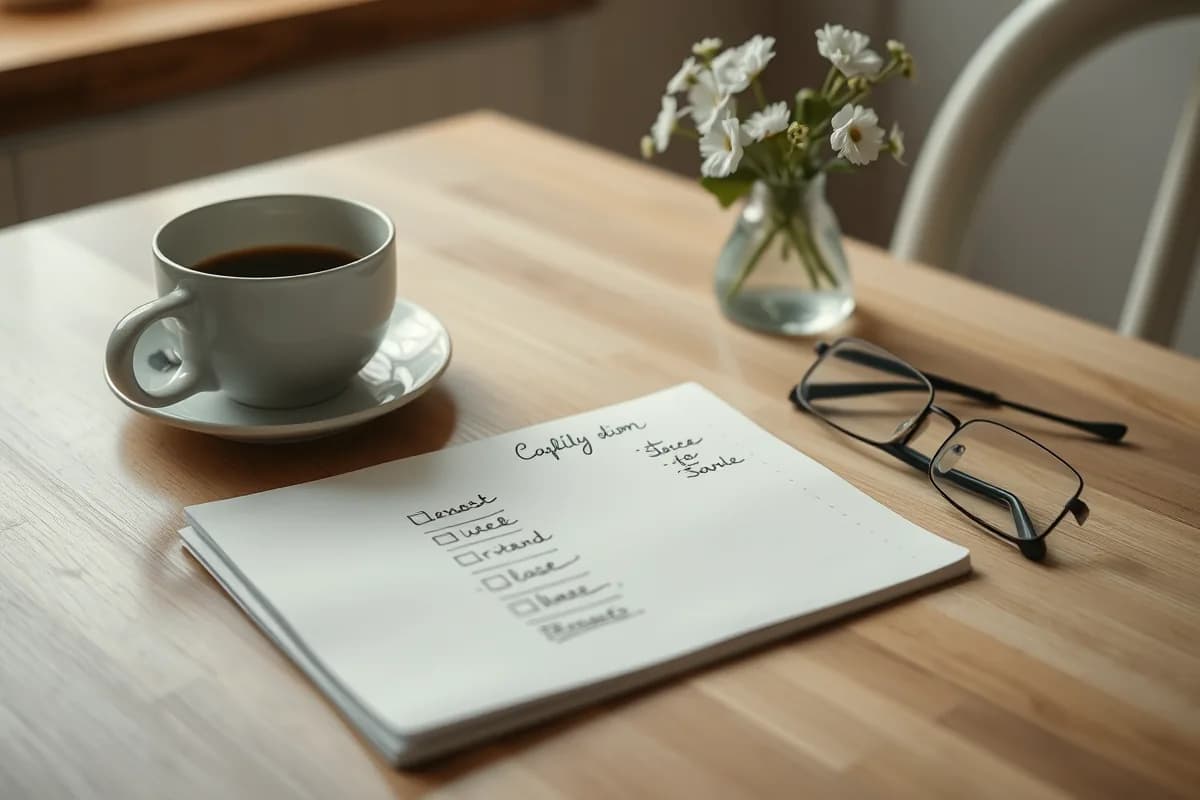 A handwritten funeral planning checklist on a notepad beside coffee and white flowers on a kitchen table