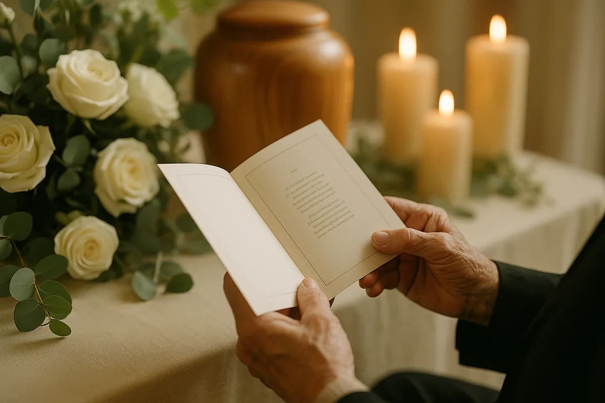 An elderly mourner reading a poem from a funeral program during a memorial service
