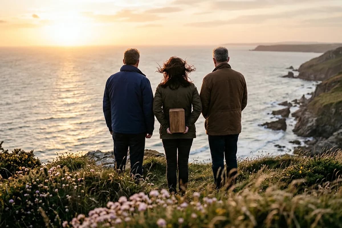 Three people seen from behind on a clifftop above the sea at sunset, one holding a plain wooden urn