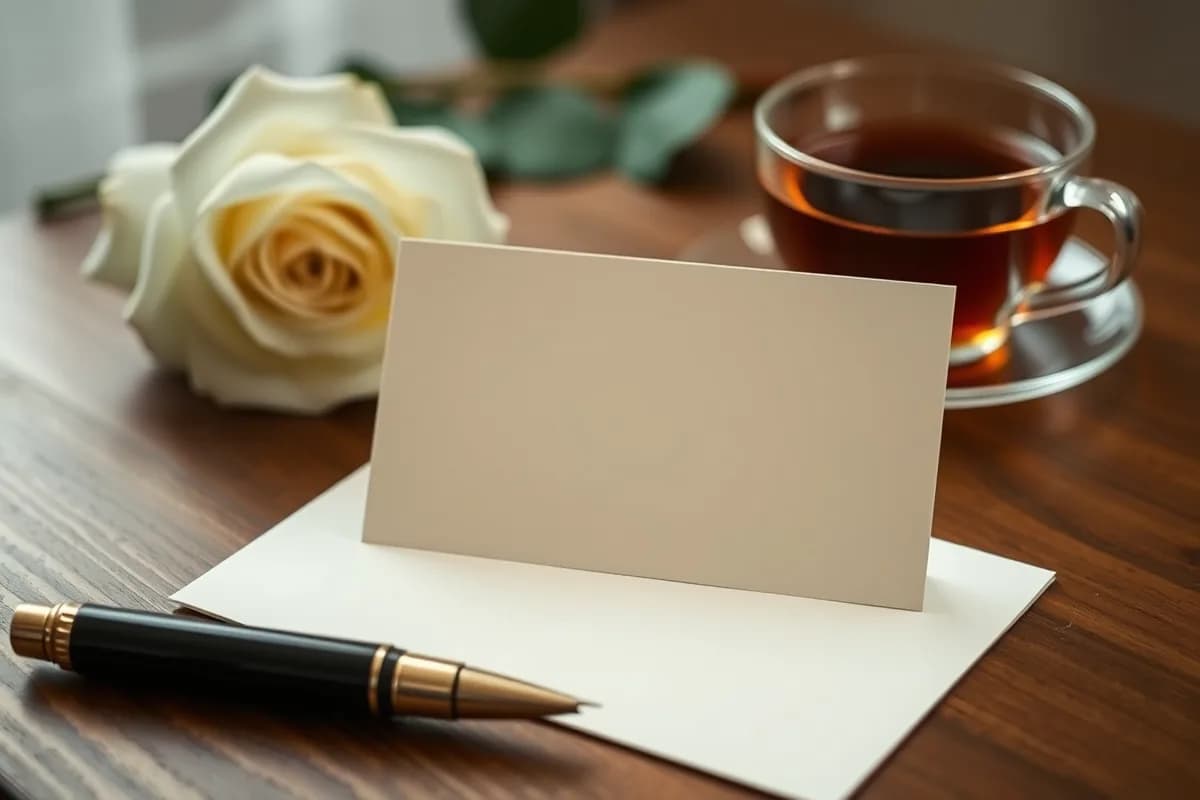 A blank cream sympathy card on a wooden desk beside a pen, envelope and a white rose