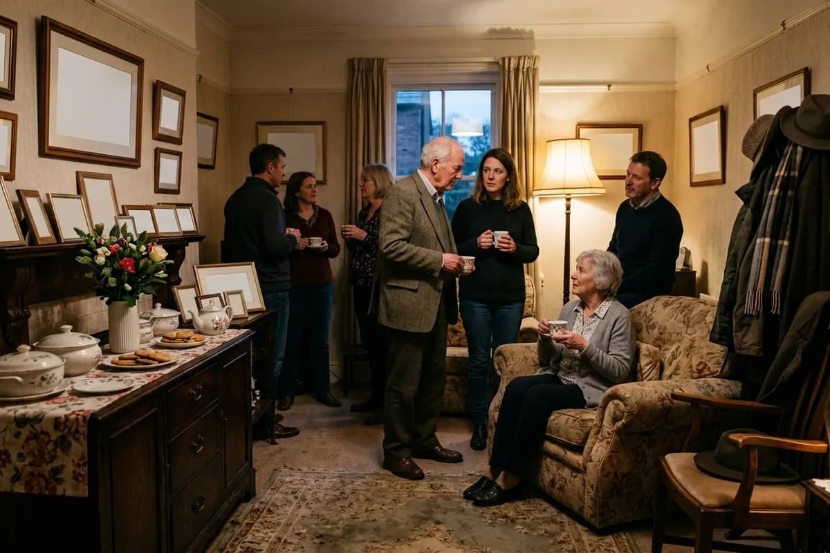 Relatives of several generations standing and sitting with teacups in a warmly lit living room during a wake