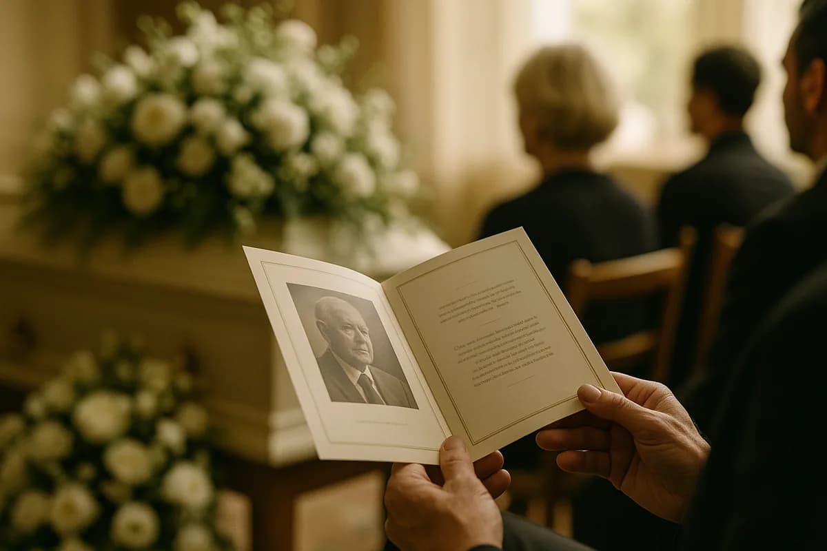 An open funeral order-of-service program held at a memorial service
