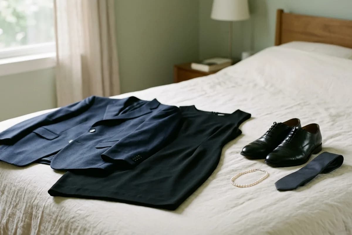 A dark navy suit and black dress laid out on a bed beside black shoes, a tie and pearls