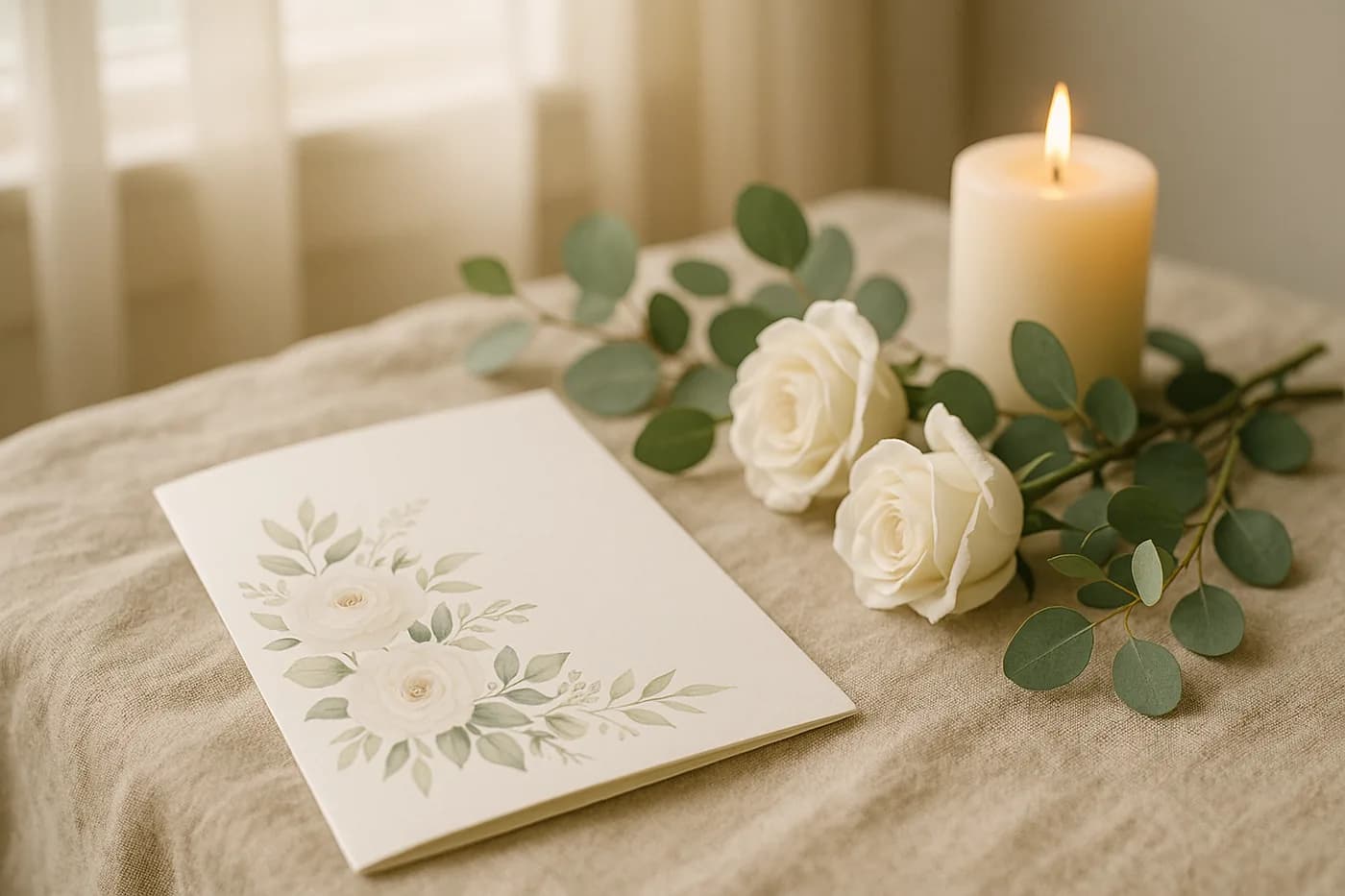 A printed funeral program resting on linen beside white roses and a candle