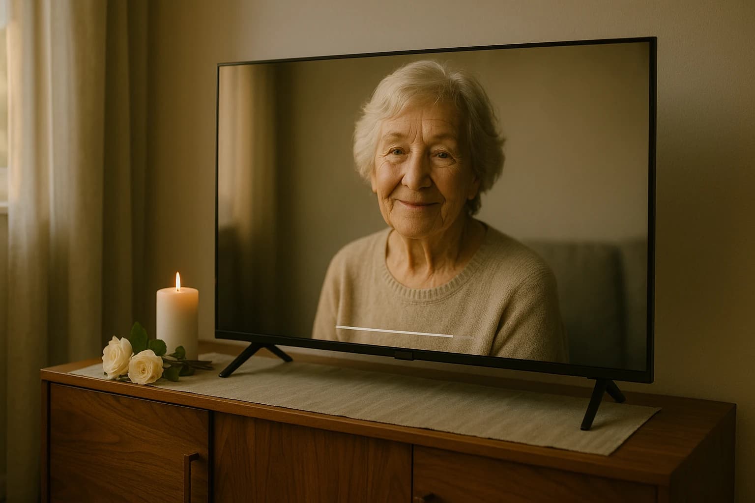 A memorial tribute video playing on a television beside white roses and a candle