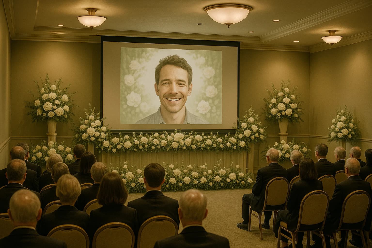 A memorial tribute video playing on a large screen at a memorial service